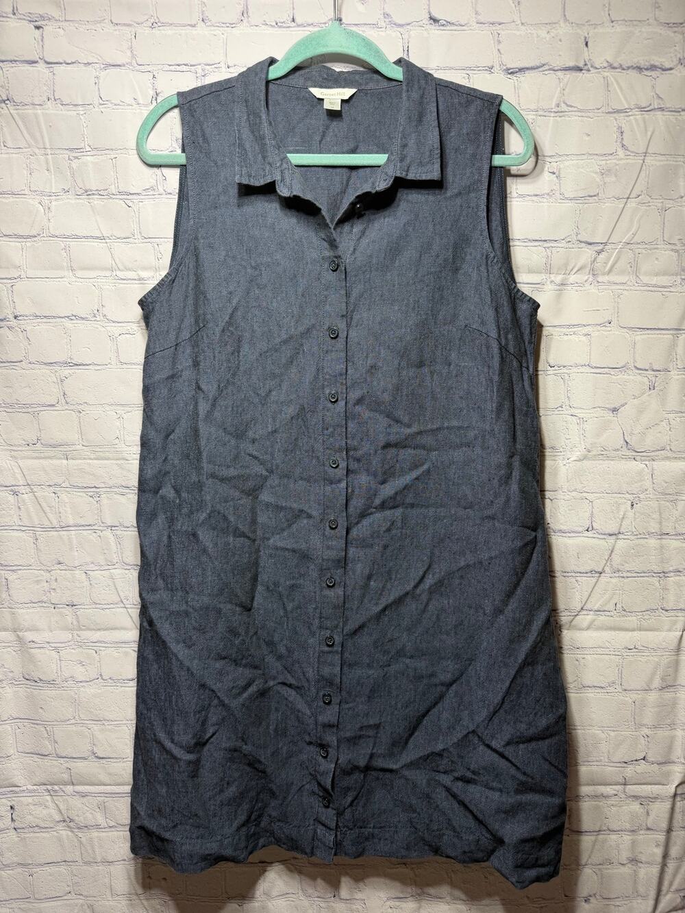 Garnet Hill Womens Sleeveless Linen Shirt Dress Blue Sz 14 Coastal Preppy